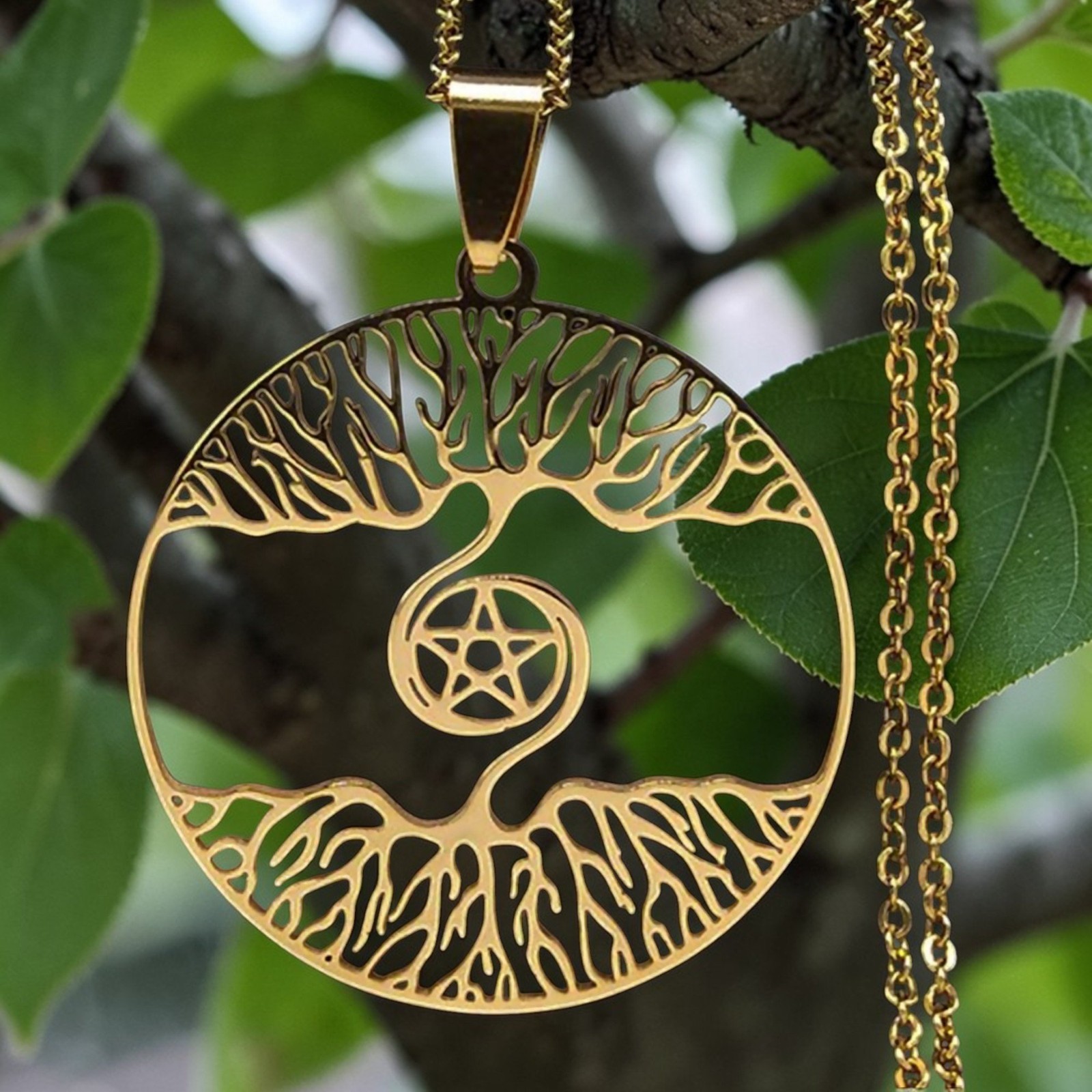 Viking Yggdrasil Pentacle Necklace Stainless Steel Gold Tree of Life Pendant