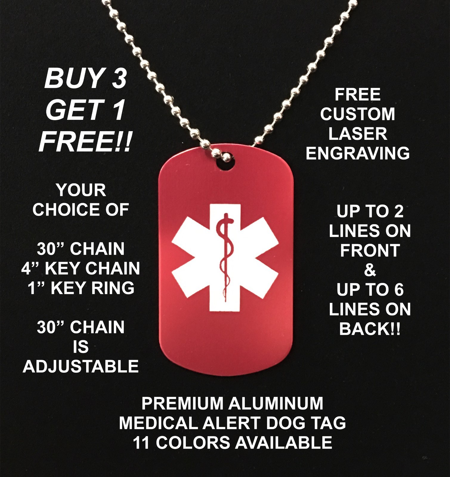MEDICAL ALERT ALUMINUM DOG TAG NECKLACE FREE ENGRAVING DIABETIC ALLERGIES ICE