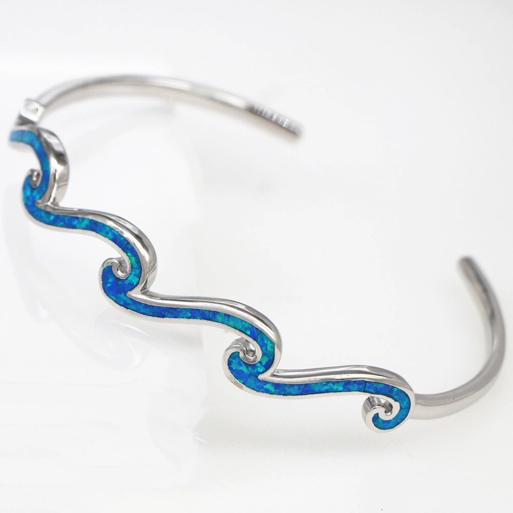 Blue Opal MultilayWaves Cuff Bangles 925 Sterling Sliver Jewelry For Women Girls