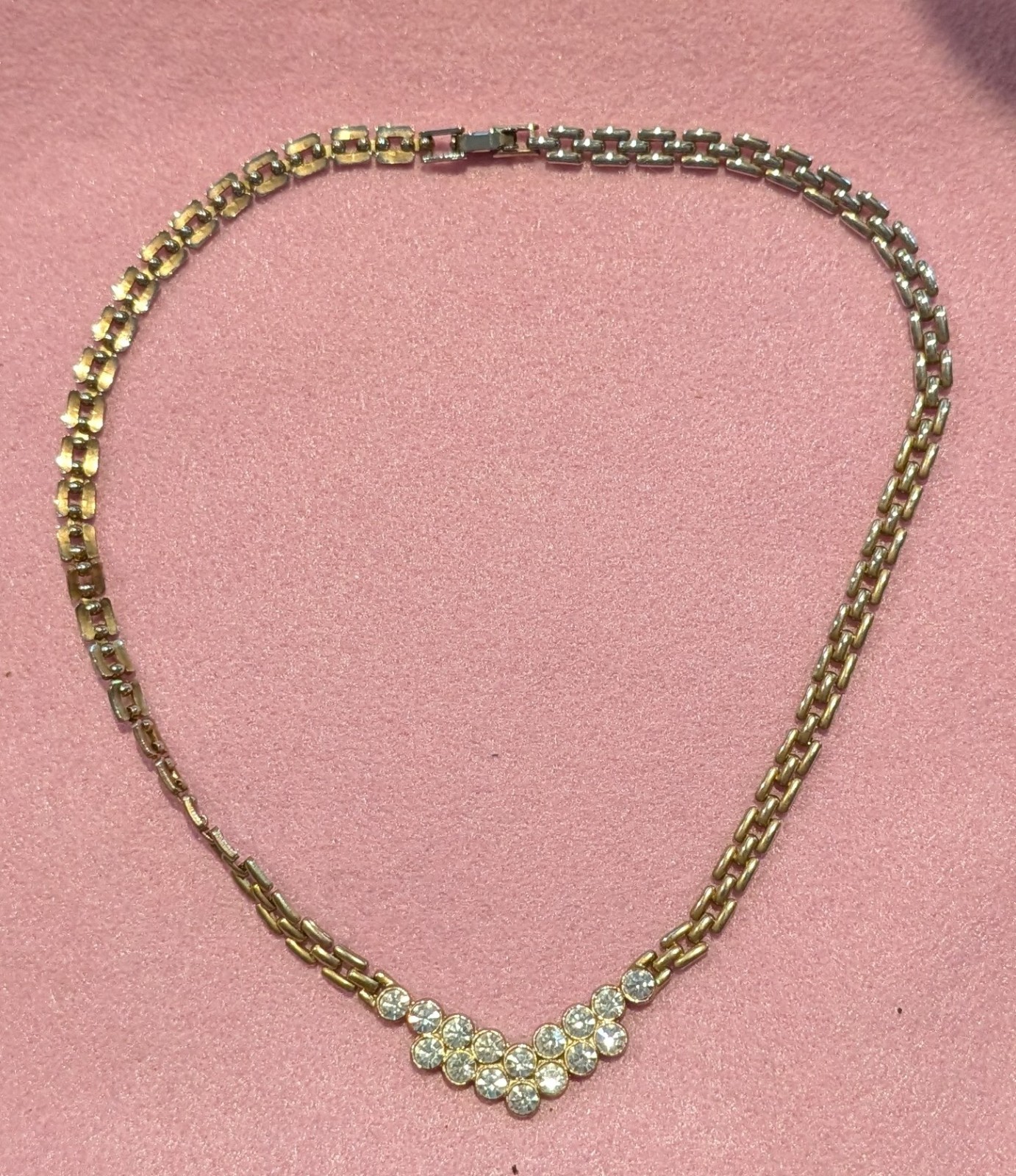 Gold Tone Box Chain Necklace Clear Round Crystal Station Cluster Pendant
