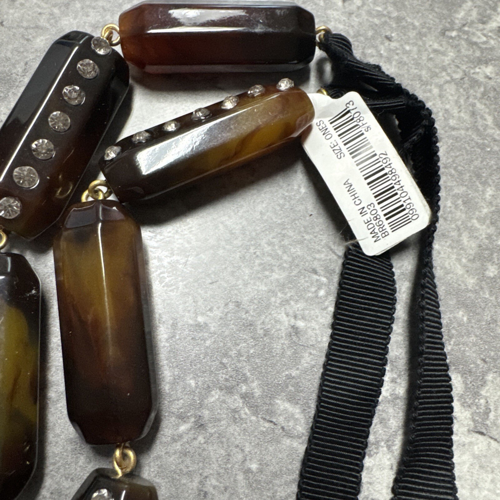 J Crew Bead Necklace Brown Colored Oblong Rhinestones Black Ribbon 36″ NEW gift