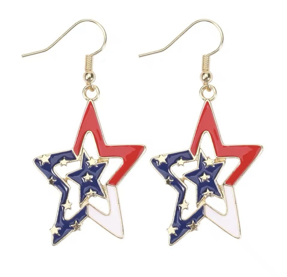 Star Red White Blue Gold EARRINGS Patriotic Freedom Surgical Wires NEW