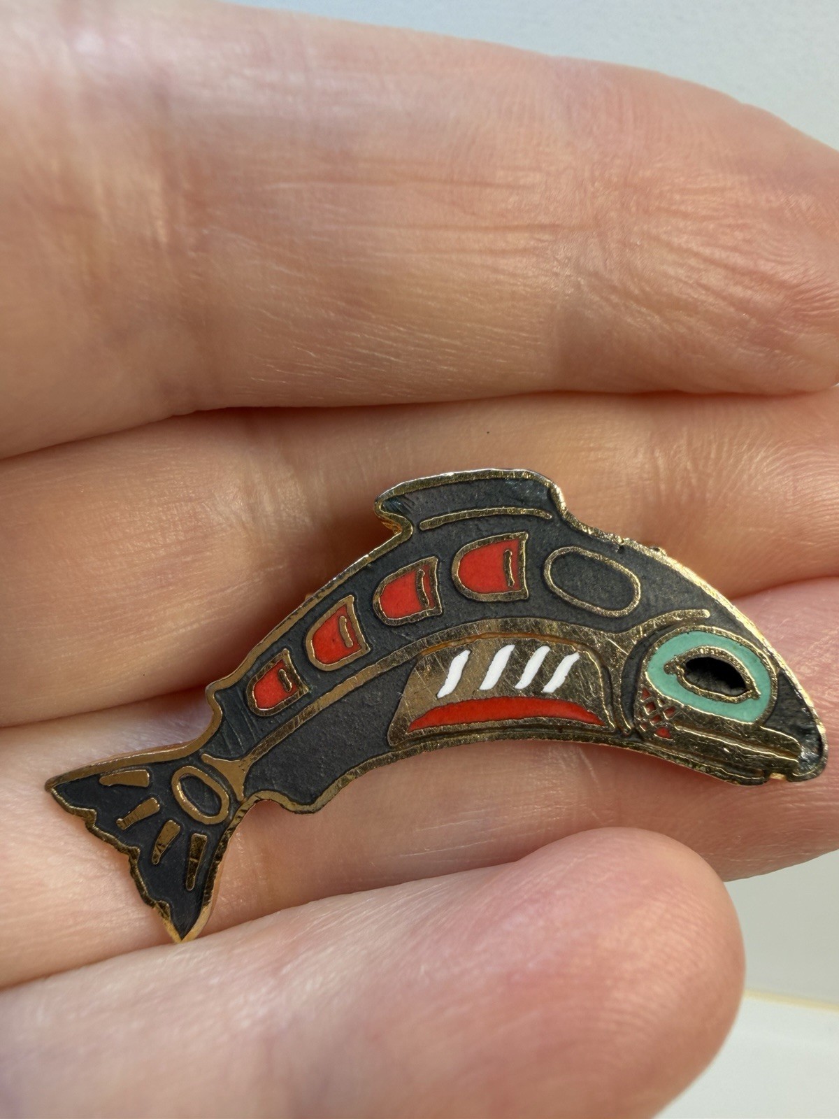 David Audette Signed Multicolor Enamel Fish Brooch Pin Metal Animal Jewelry3,5cm