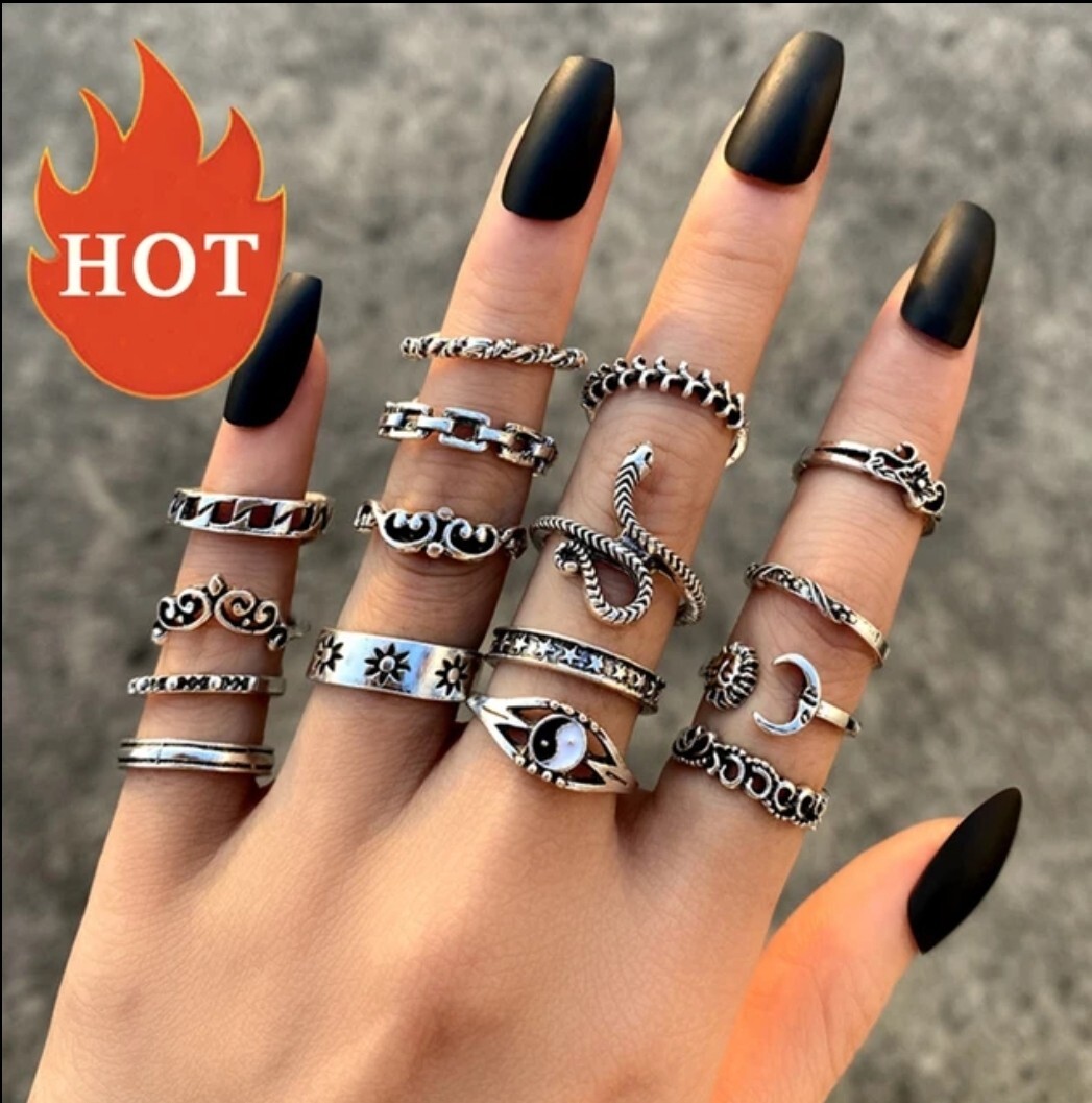Women’s Fashion Jewelry Vintage Retro 16 Ring Set Silver 60-2