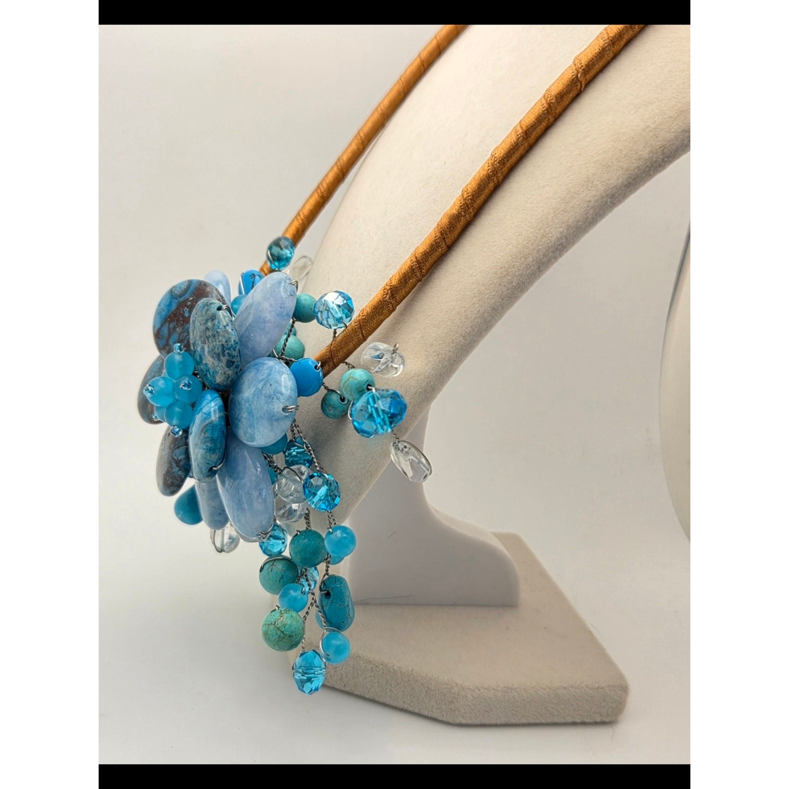 Chunky Blue Stone & Glass Statement Necklace Boho Wire Wrapped 18″
