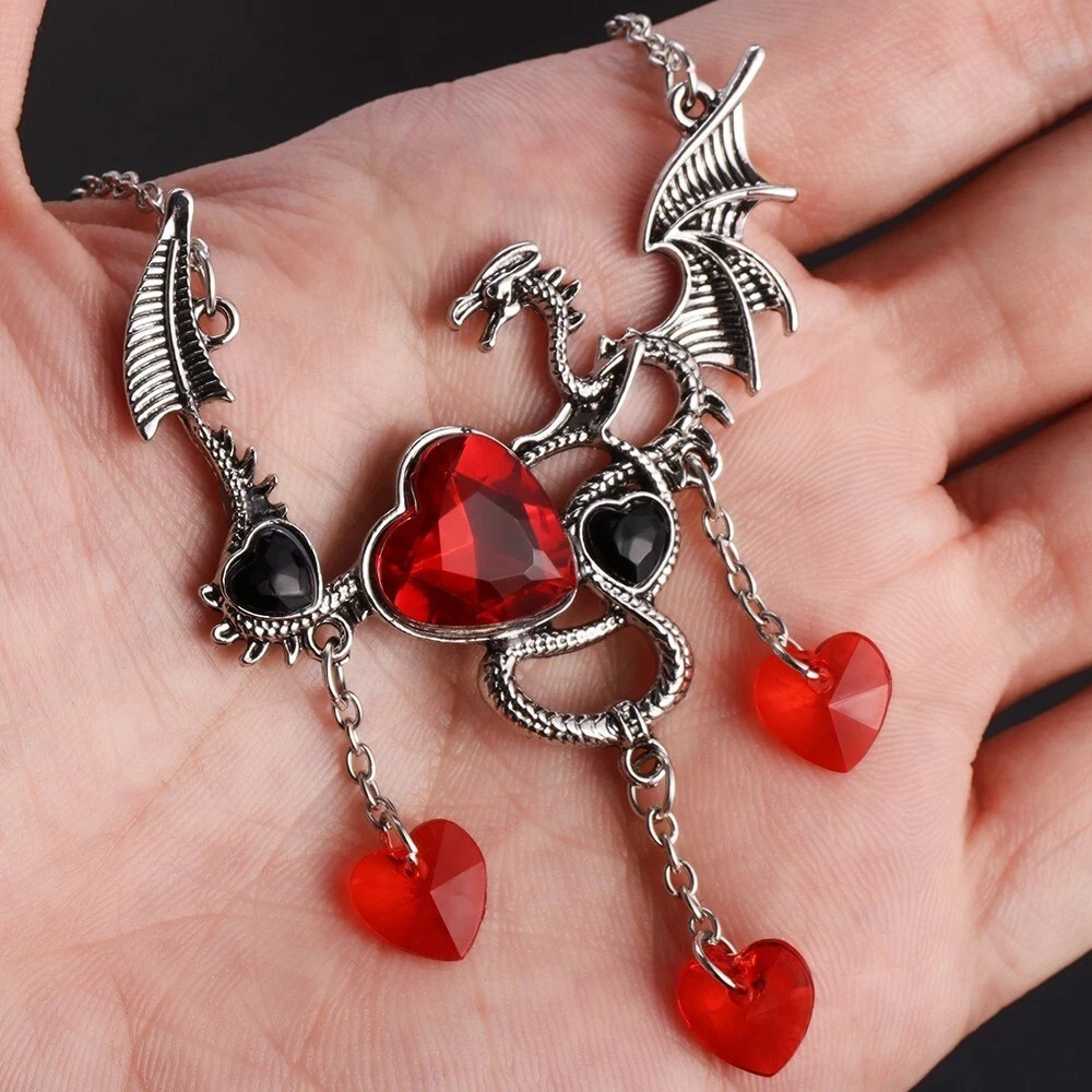 🔥Goth Dragon Necklace for Women Heart Rhinestone Charm Dragon Necklaces, Punk🔥