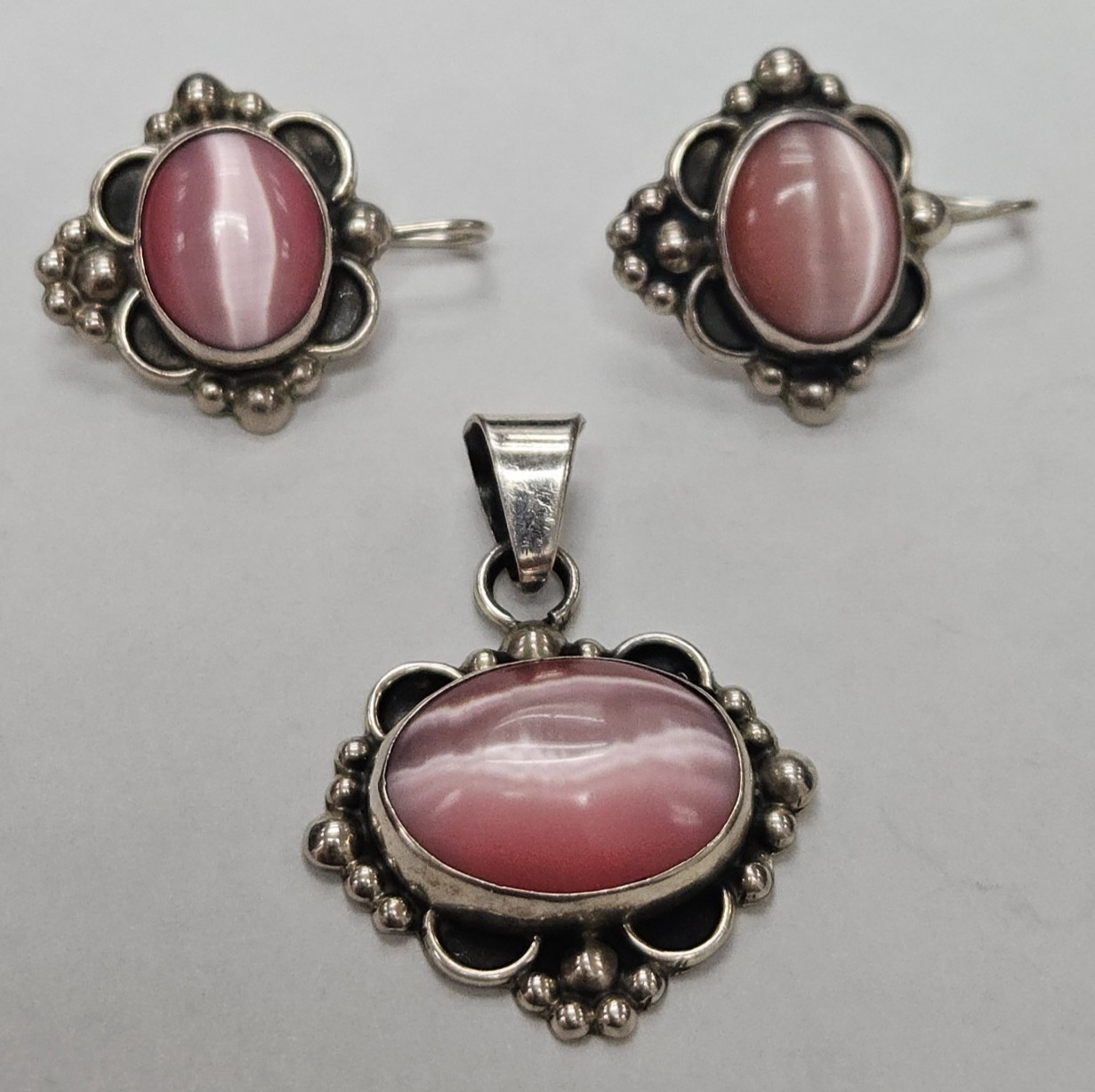 ATI Mexico Sterling Silver Pink Cats Eye Earring + Pendant Set [105PIB]