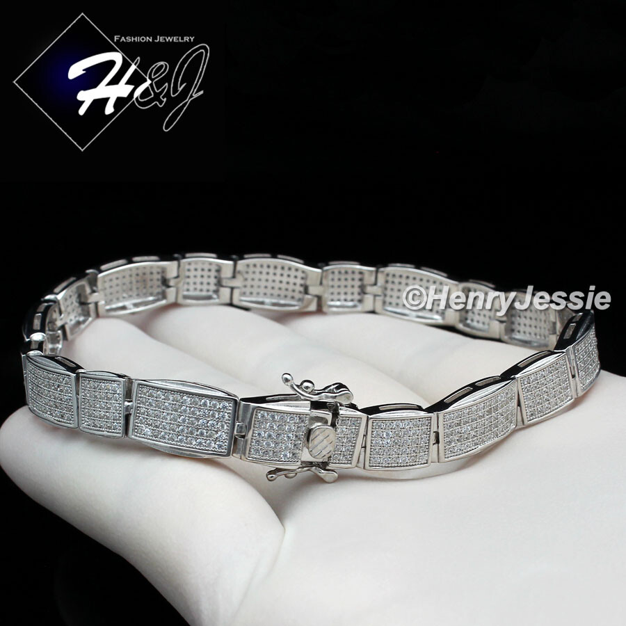 8.5″MEN SOLID 925 STERLING SILVER FULL ICY BLING CZ 8MM CHAIN LINK BRACELET*SB6