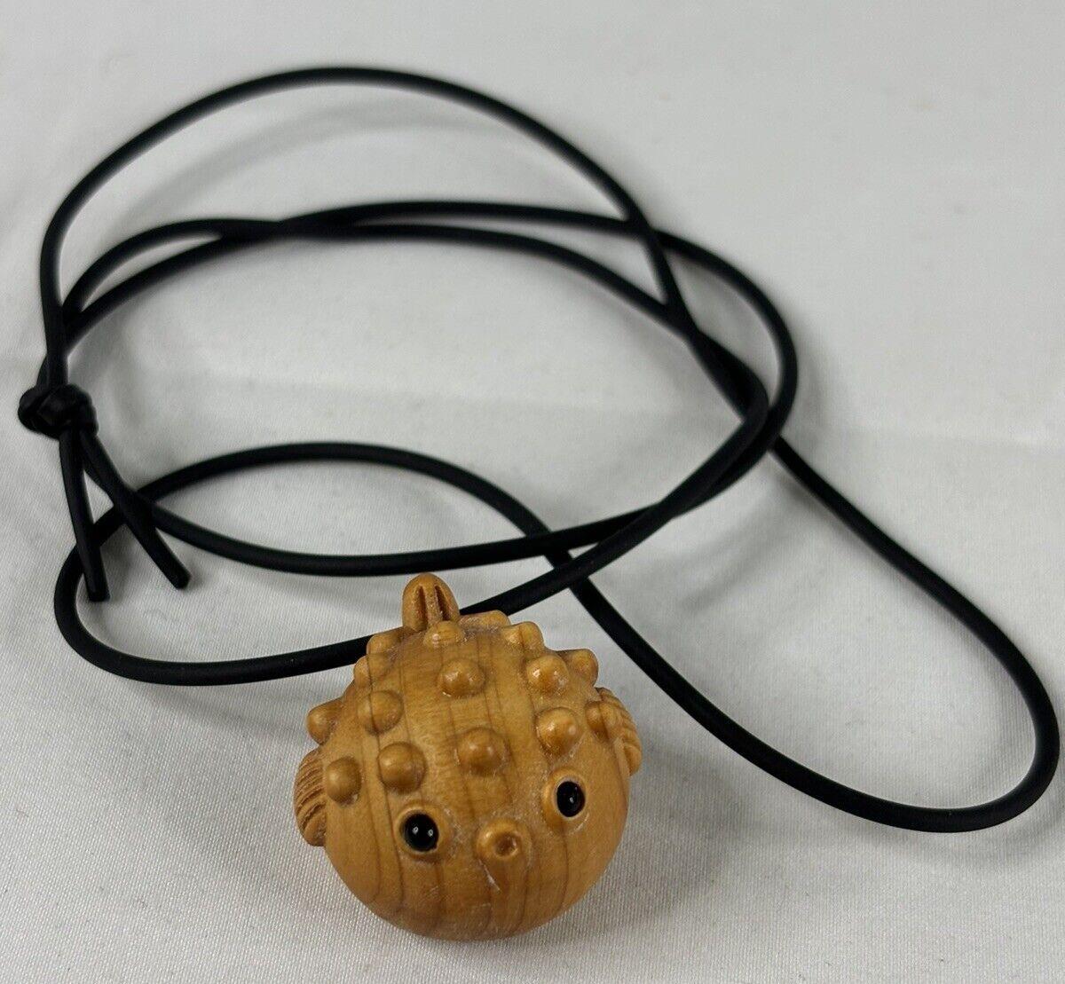 Puffer Fish Tiki Necklace Wood with Black Eyes 1″ Black Cord Surfer Beach Cute