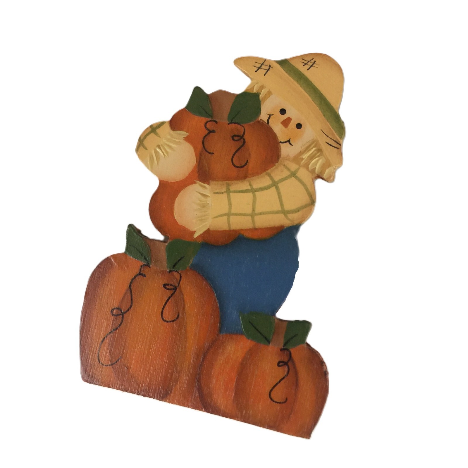 Brooch Scarecrow Pin Hugging Pumpkin Wooden Hand Painted Locking Bar Back VTG