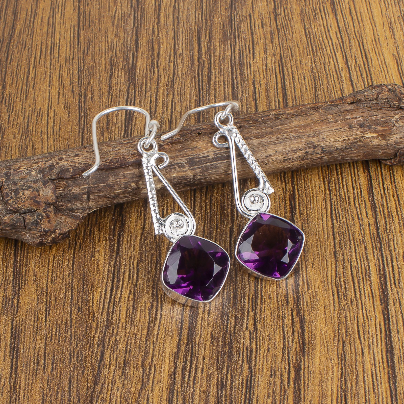 Crown Chakra AFRICAN AMETHYST Gemstone Dangle Wife Earrings 925 Sterling Silver