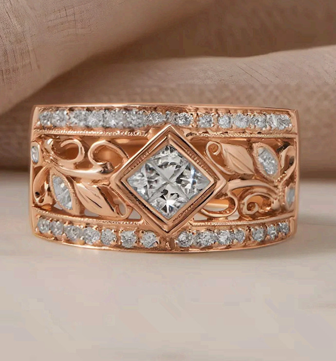 Surgical Steel Rose Gold Ring Princess Cut CZ Filigree Statement Band