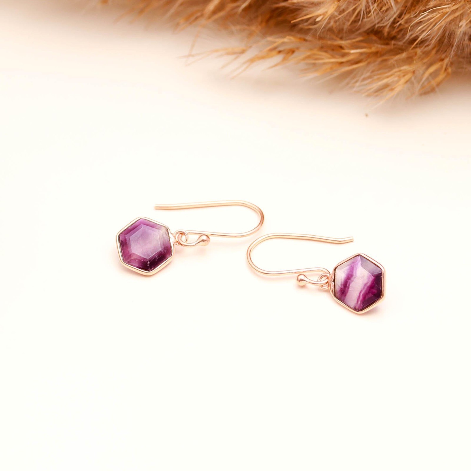 Natural Fluorite Hexagon Dangle Earrings Rose Gold Plated Solid Silver Jewelry