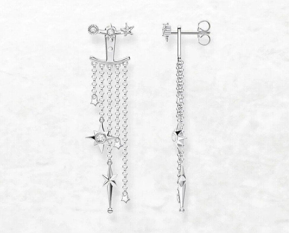 Star Tassle 925 Sterling Silver Dangle Drop Jacket Stud Earrings WG