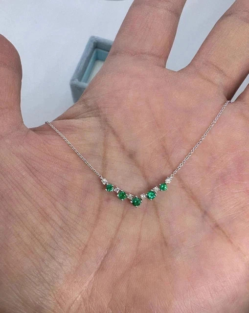 1.Ct Round Cut SimulateGreen Emerald Bar Pendant 14K White Gold Plated 18″ Chain