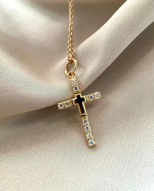 30MM Cross Pendant Chain Christmas Gift Simulated Diamond 14K Yellow Gold Plated