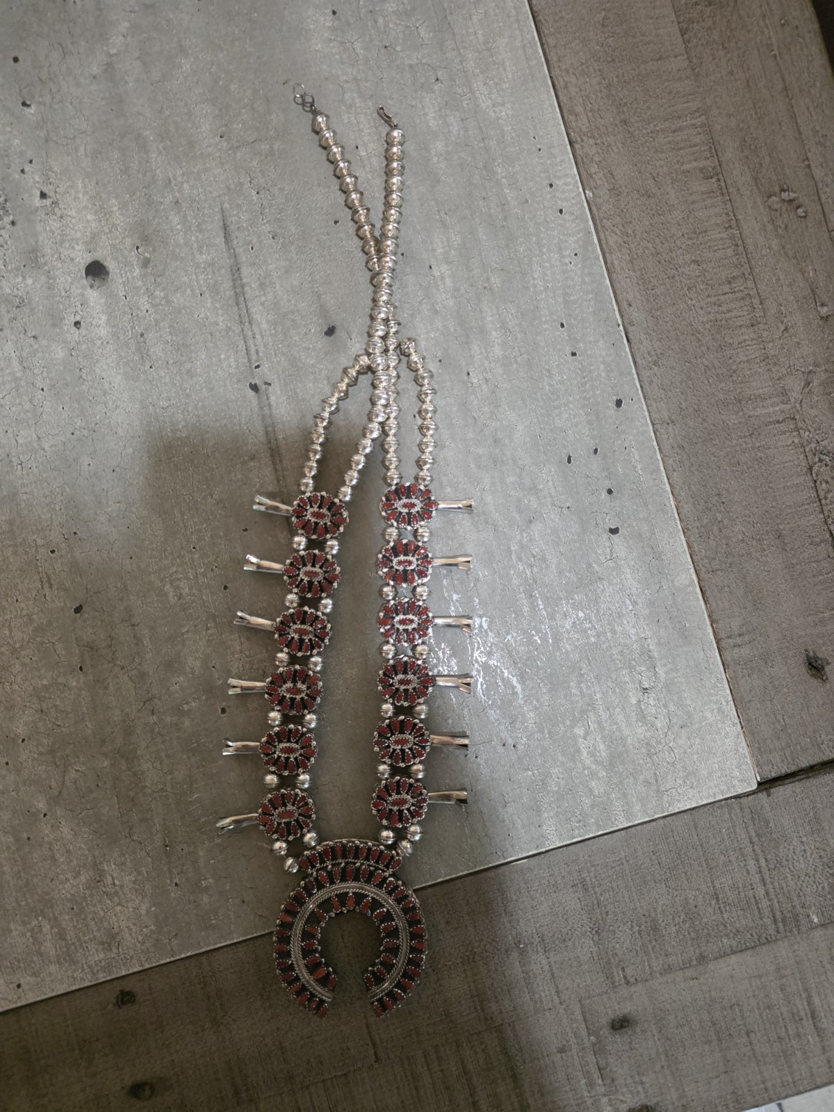 Reversible turquoise & coral squash blossom necklace