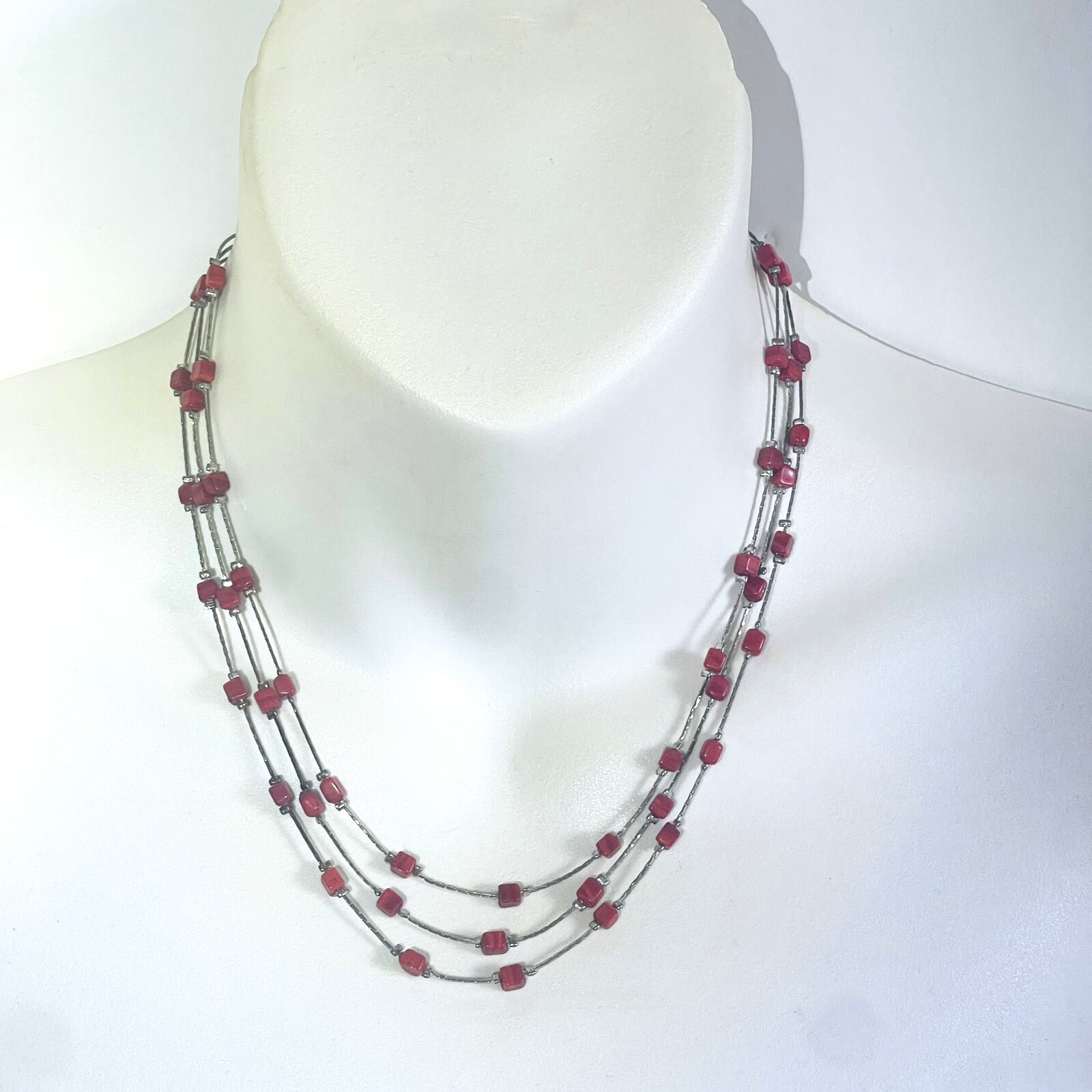 ZAD Beaded Multi Strand Red Stone Silver Tone 16″ Necklace 2.5″ Extension
