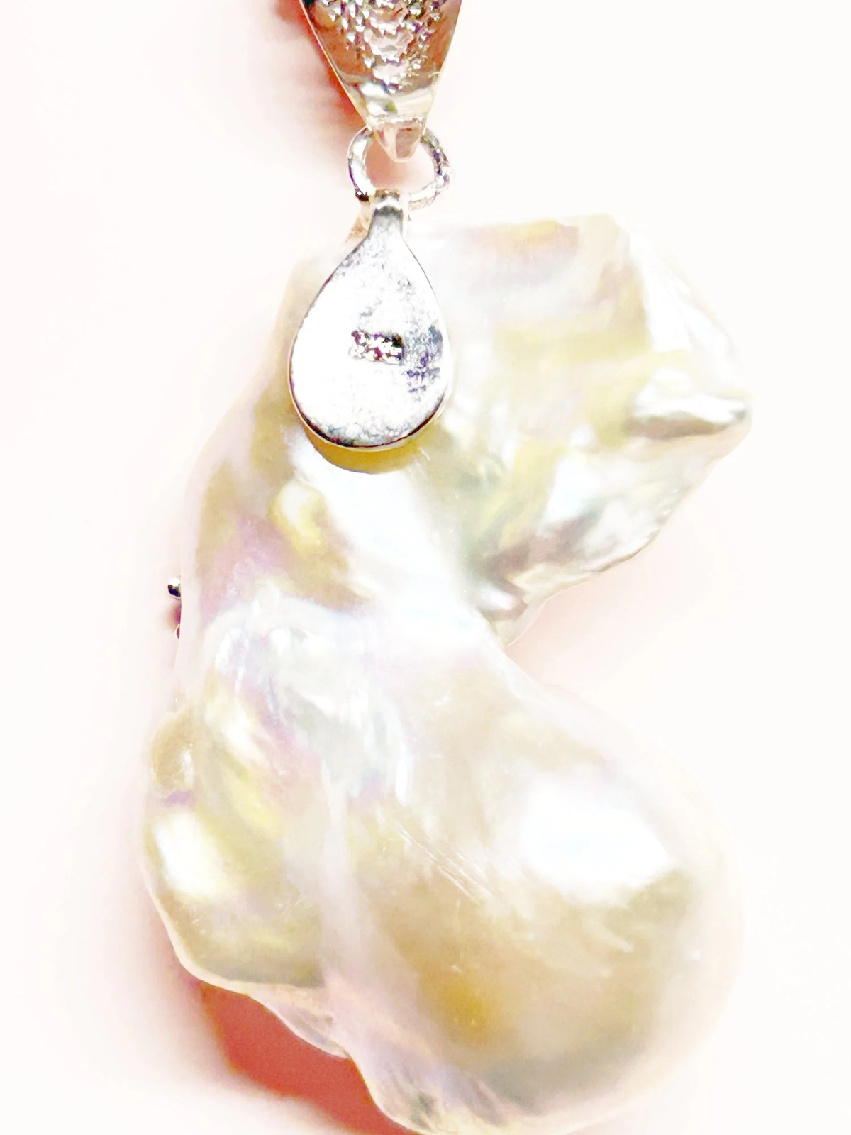 Sterling Silver & large baroque pearl pendant-wire wrapped on 18 inch brite cut
