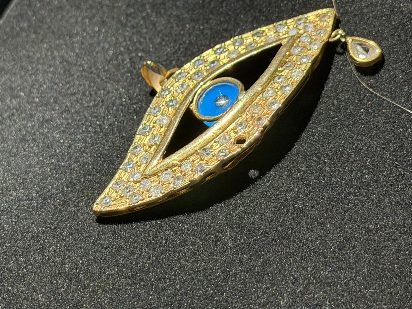 21K Yellow Gold Evil Eye Pendant Brooch + Blue Nazar Stone Clear Accent Stones