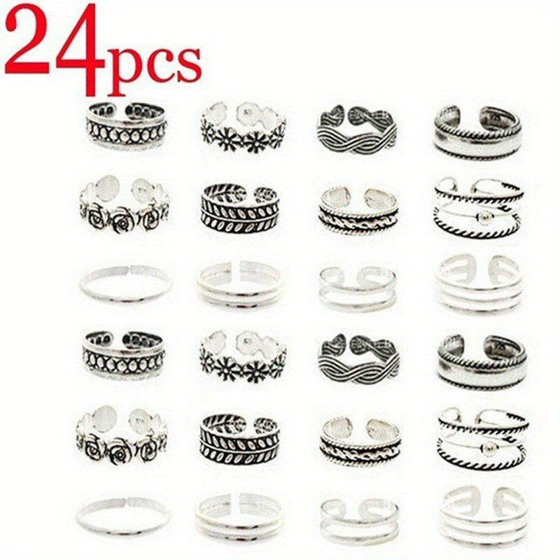 24Pcs/Set Toe Rings Women Boho Retro Open Toes Rings Summer Beach Foot Jewelry