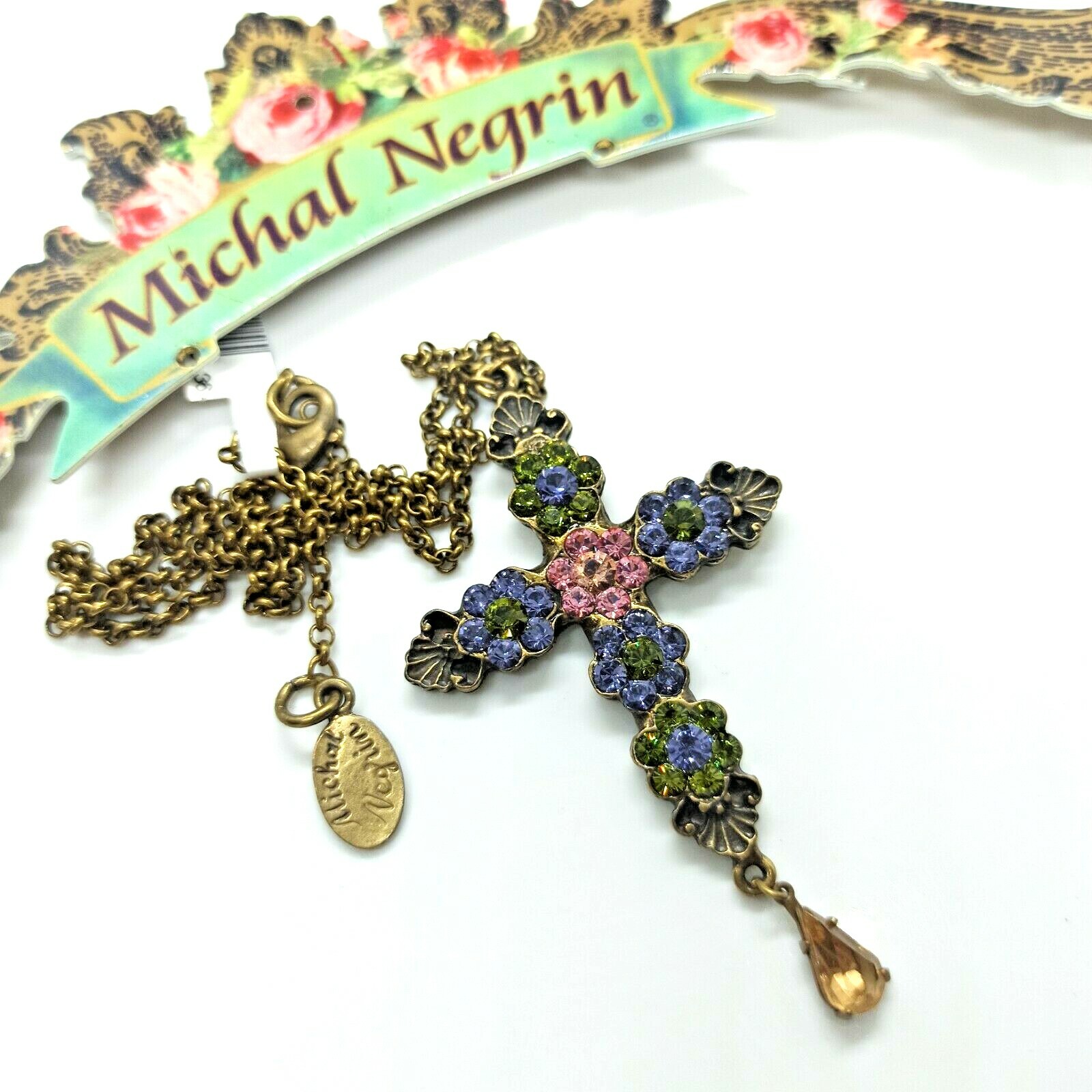Michal Negrin Cross Necklace Purple Flower Pendant & Swarovski Crystals Gift New