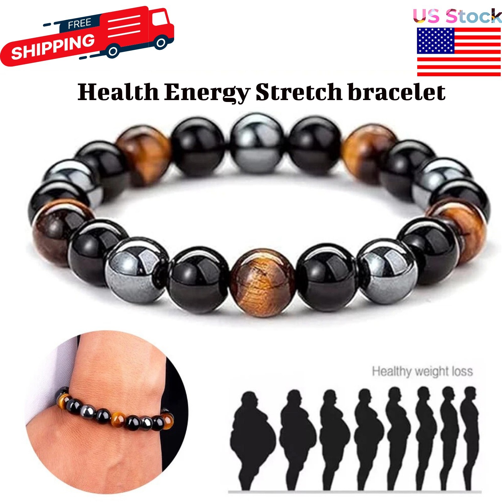 Energy Healing Stretch Bracelet Natural Stone Hematite Tiger Eye for Men Women