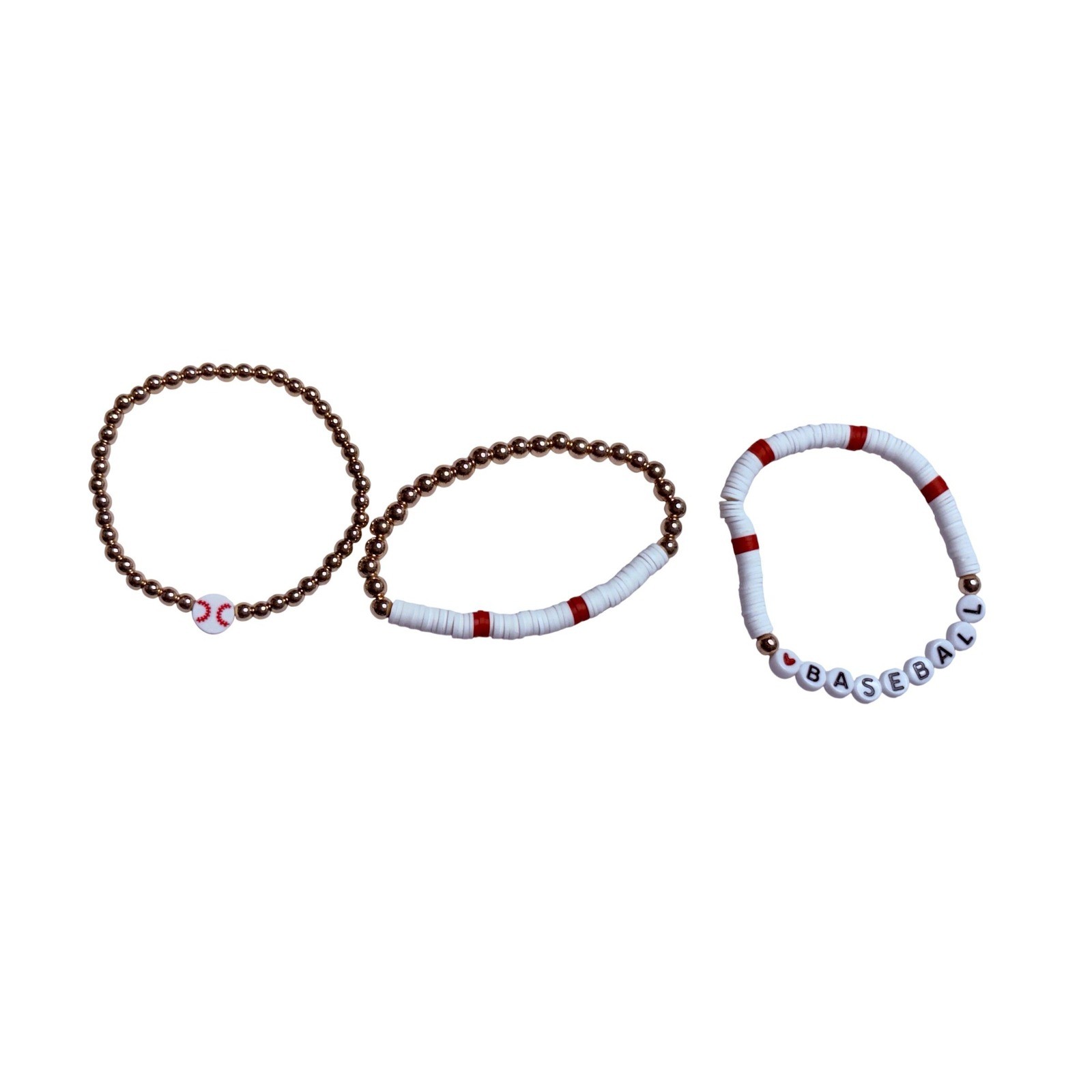 Baseball Bracelet Set Womens OS Gold White Red Beaded Stretch 3pc New