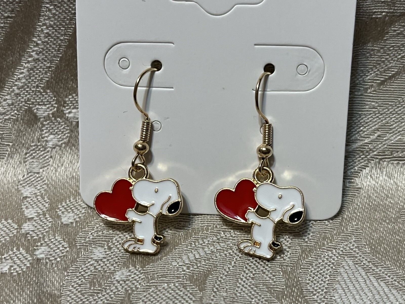 Snoopy Gold Loop Enamel Drop Dangle Adorable Earring Set