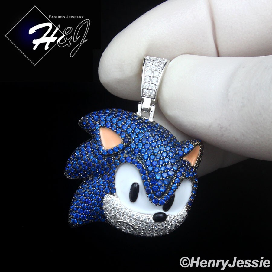 925 STERLING SILVER FULL ICY BLUE CZ HIPHOP 3D SONIC THE HEDGEHOG PENDANT*SBP489