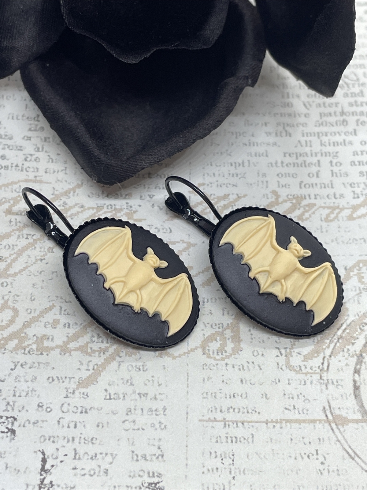 Bat Wings Witch NEW Black Setting Enamel Gothic Earrings Cameo Birthday Festival