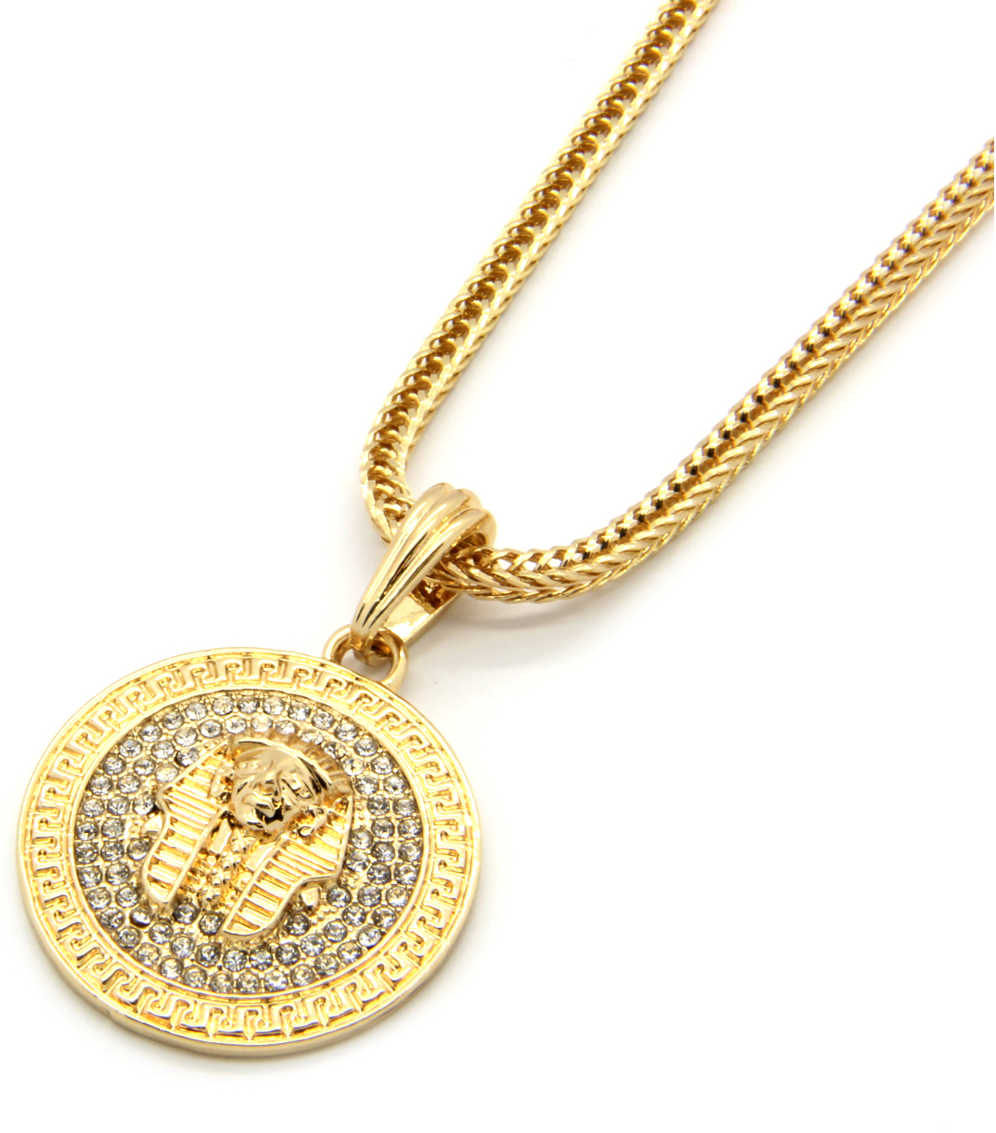 Mens Medallion Pharaoh Gold Plated Cubic-Zirconia 24″ Franco Chain Pendant