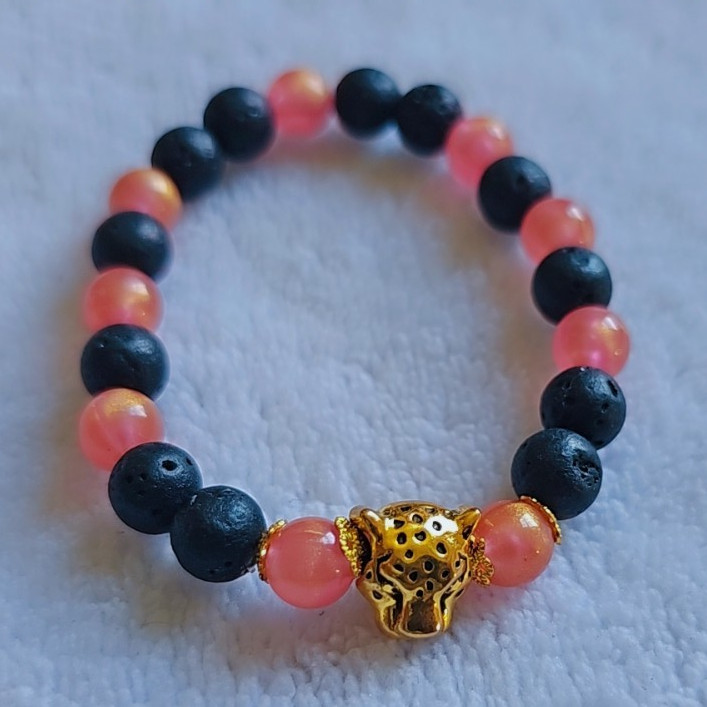 Black & Pink Round Stone Beaded Stretch Bracelet, Gold Tone Leopard Charm