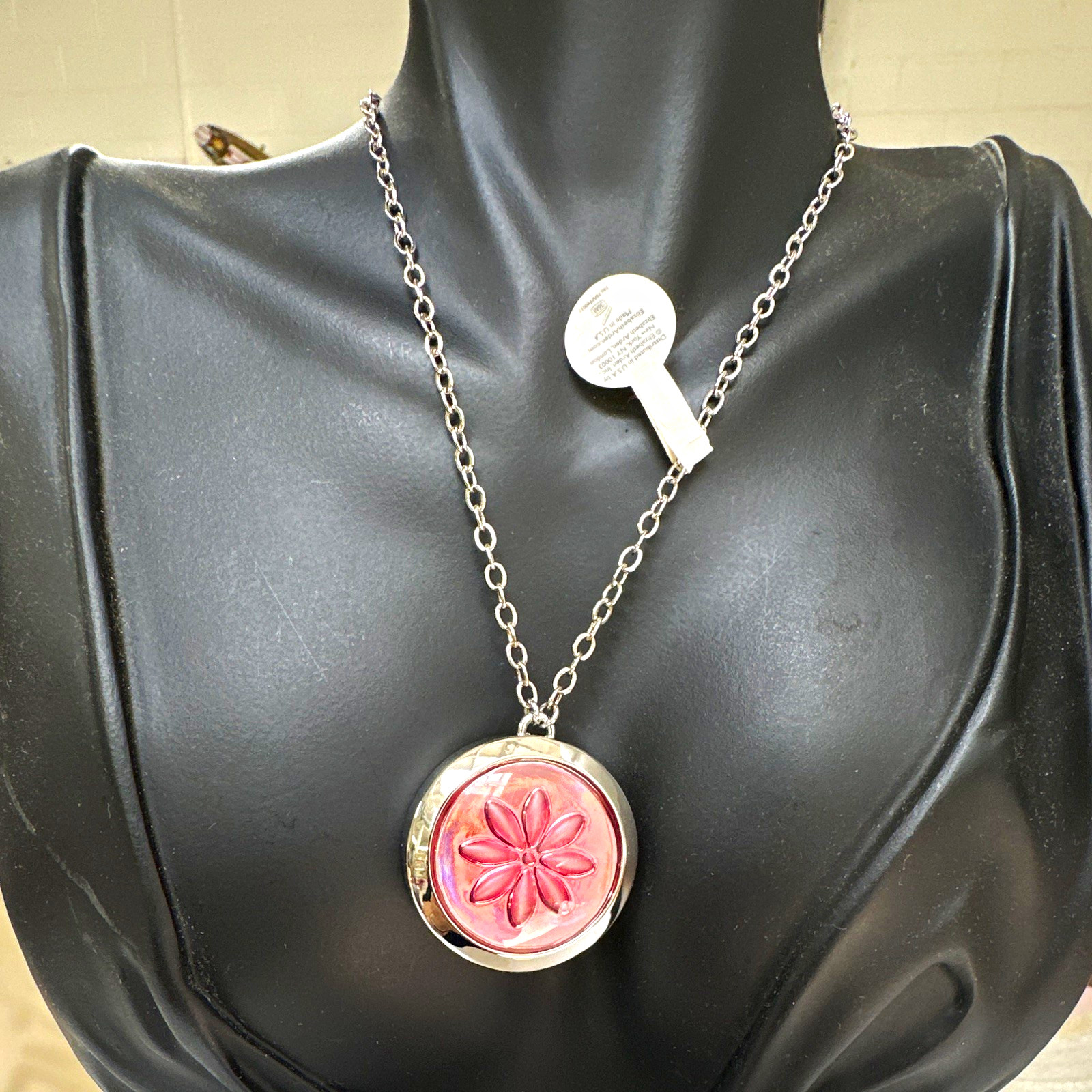 Silver Tone Round Link Chain Necklace Round Pink Flower Locket Pendant perfume
