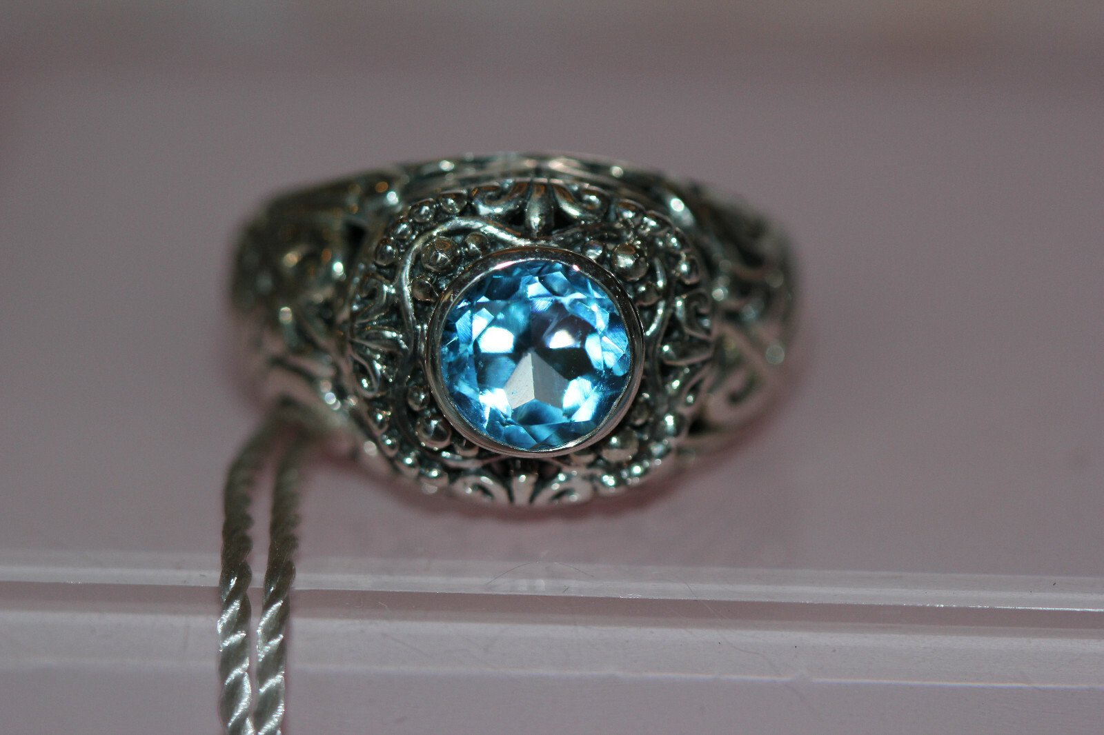 NWT Samuel B. Blue Topaz Sterling Silver Filigree Ring sz 7 polish cloth & bag