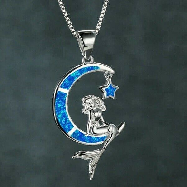 MERMAID on an Opalesque MOON STAR 1-1/8″ x 3/4″ Charm Pendant Necklace 18″ Chain