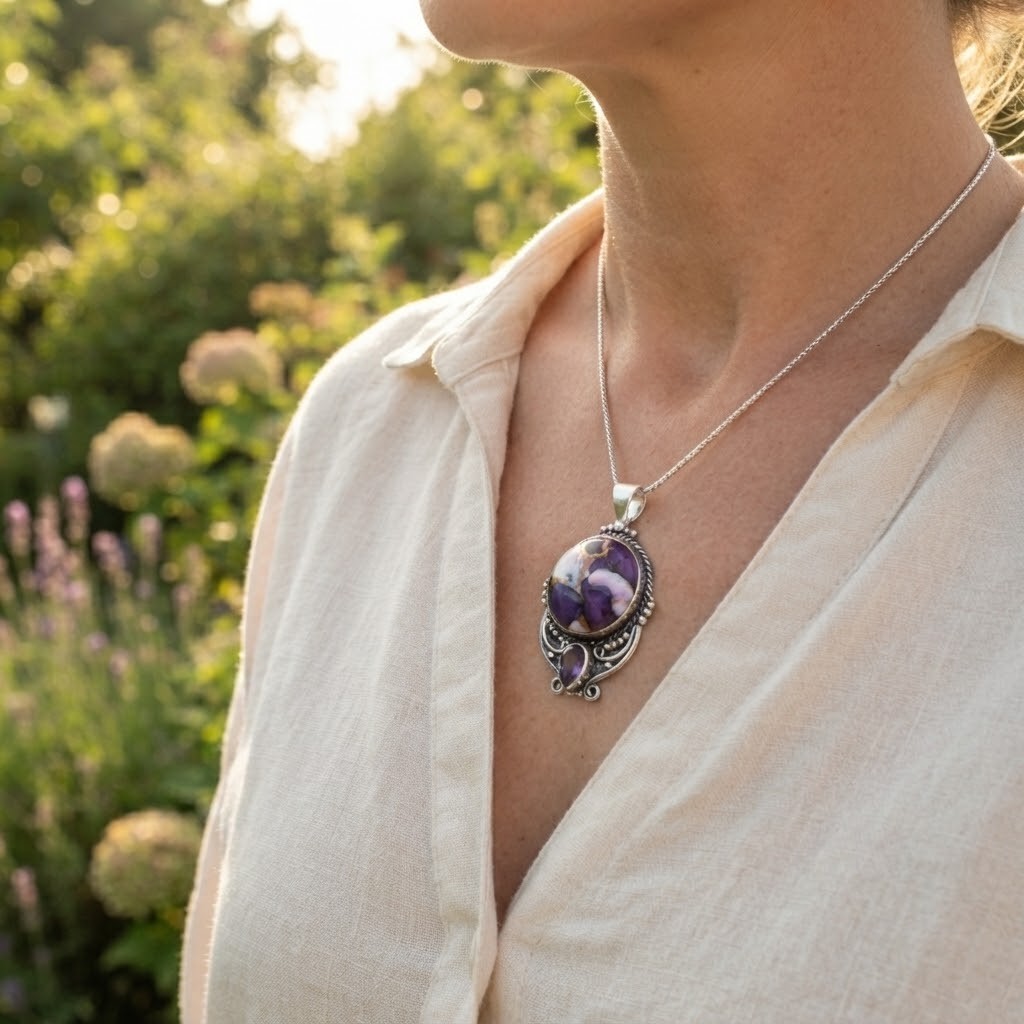 925 Sterling Silver Purple Copper Turquoise & Amethyst Pendant Handmade