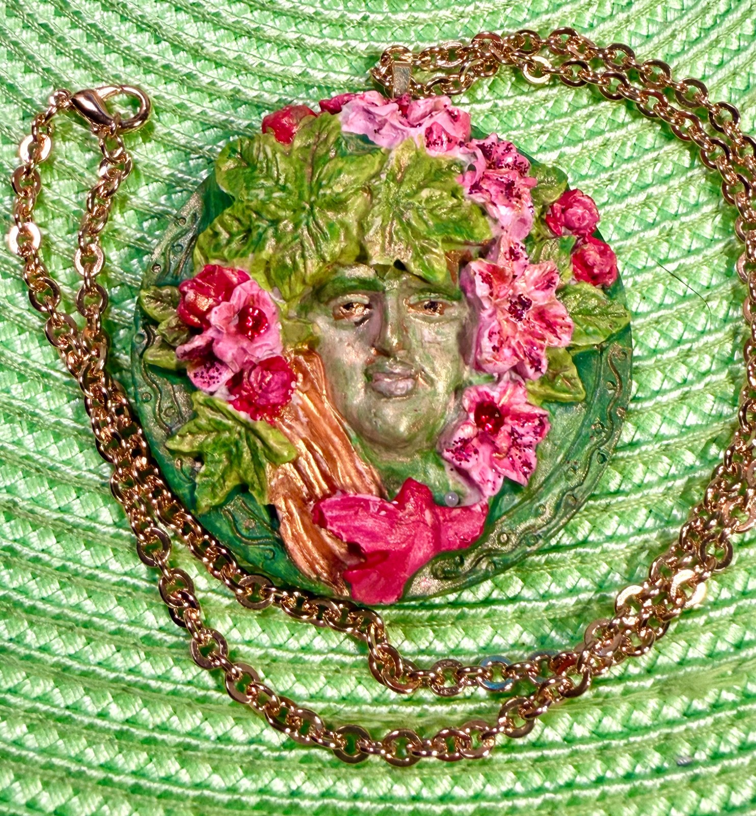 Hand Made Green Woman Forest Dryad Pendant Necklace Medallion Ornament Plaque