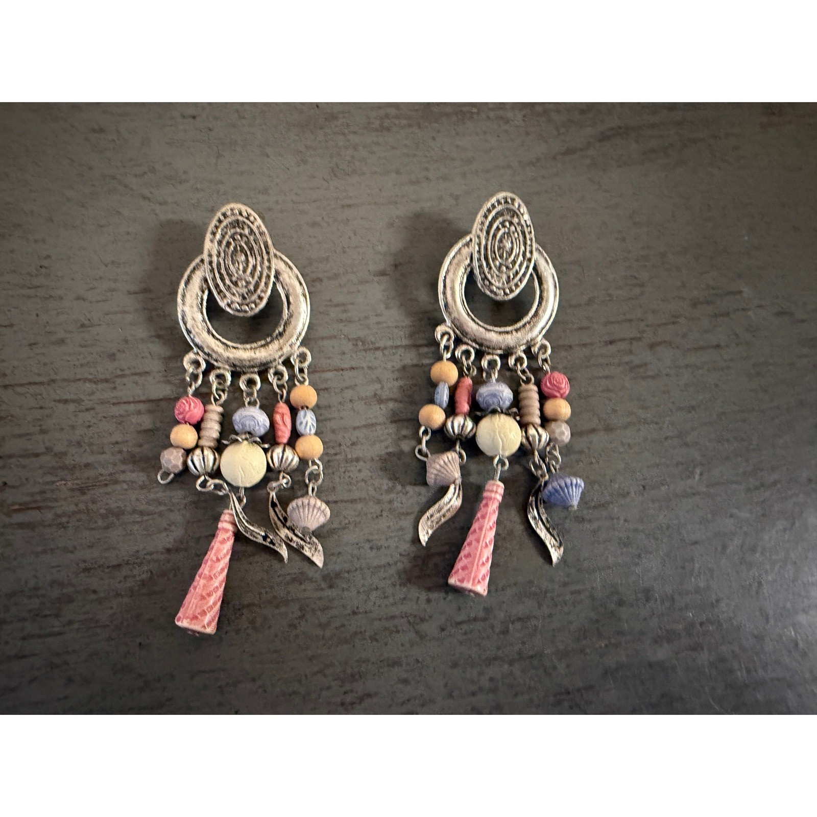 Boho Silver Tone Chandelier Drop Earrings Mixed Bead Tassel Leaf Charms Multi