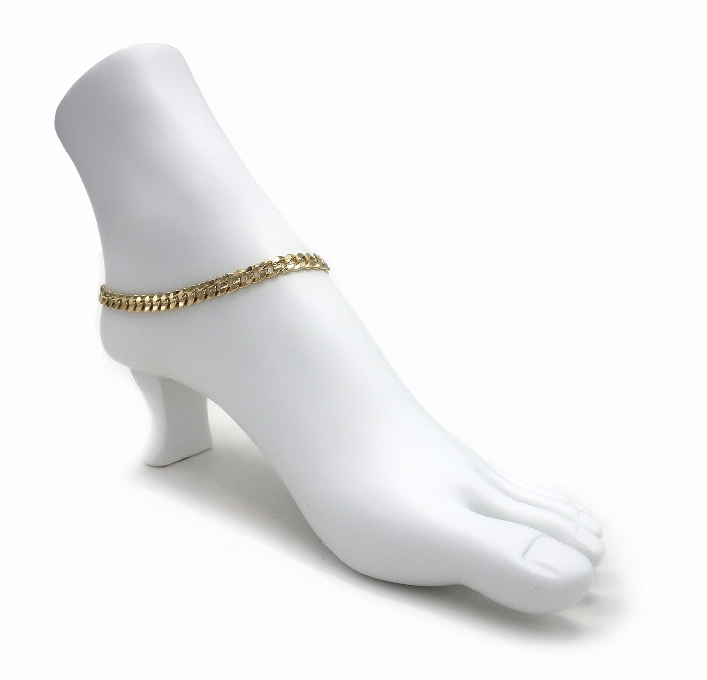 10″ CONCAVE CUBAN LINK CHAIN ANKLET 6mm CZ STONE ANKLE BRACELET 14K GOLD PLATED