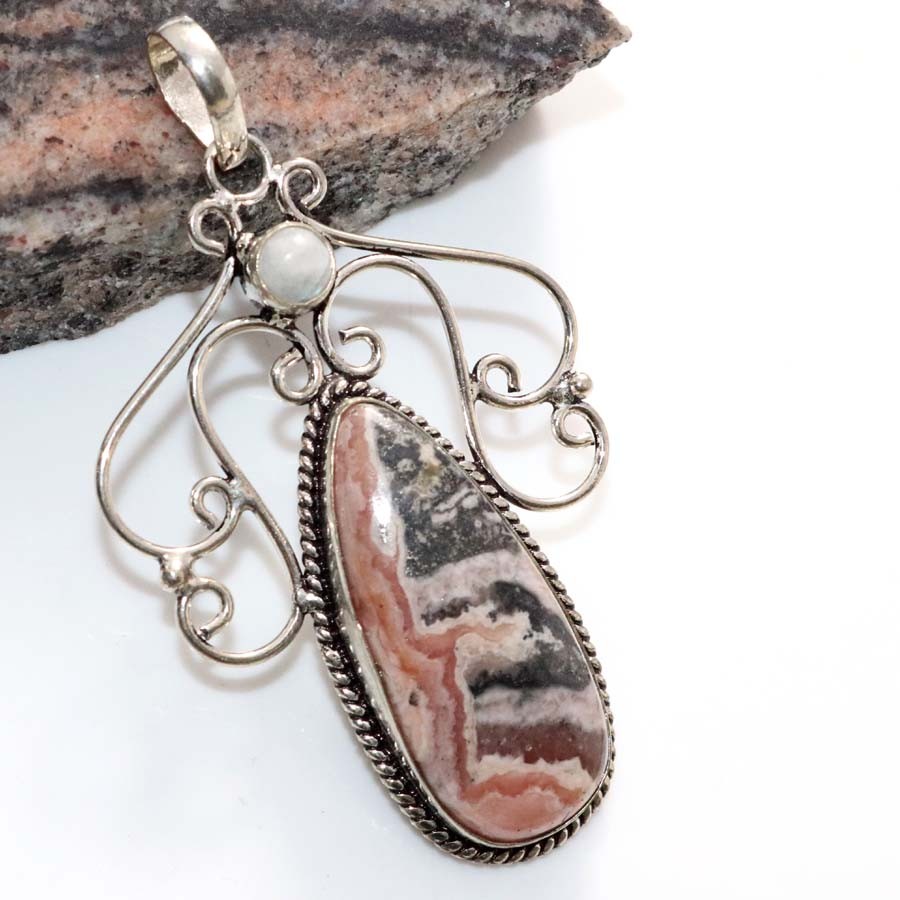 Pretty Pyrite In Rhodochrosite Rainbow Moonstone Pendant 2.8″ Fashion Sale GW