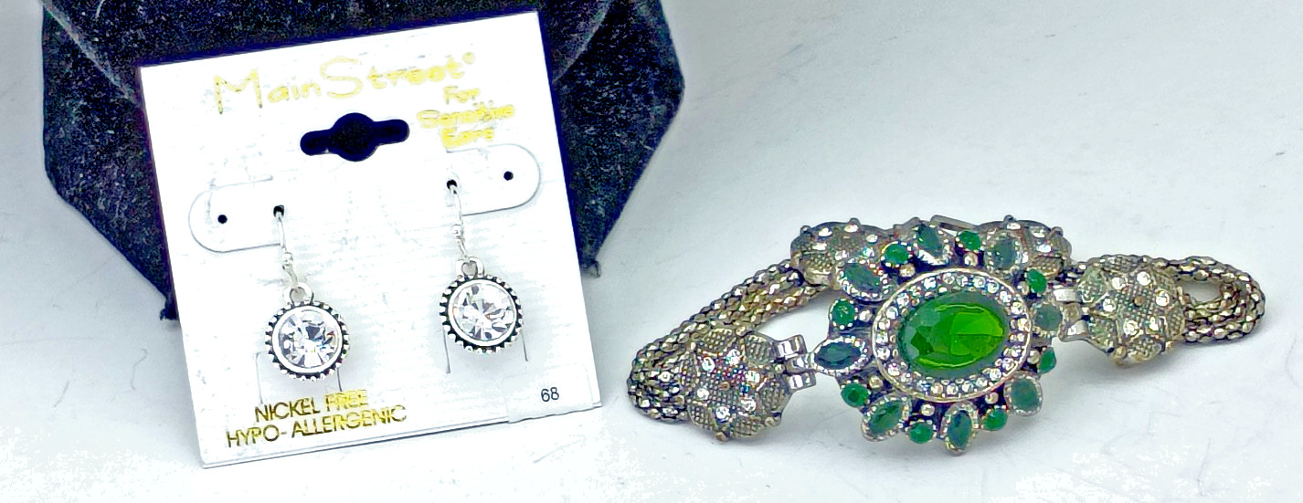 Green Silver Rhinestone Bracelet & Main Street Hypo-Alergenic Pierced Earrings