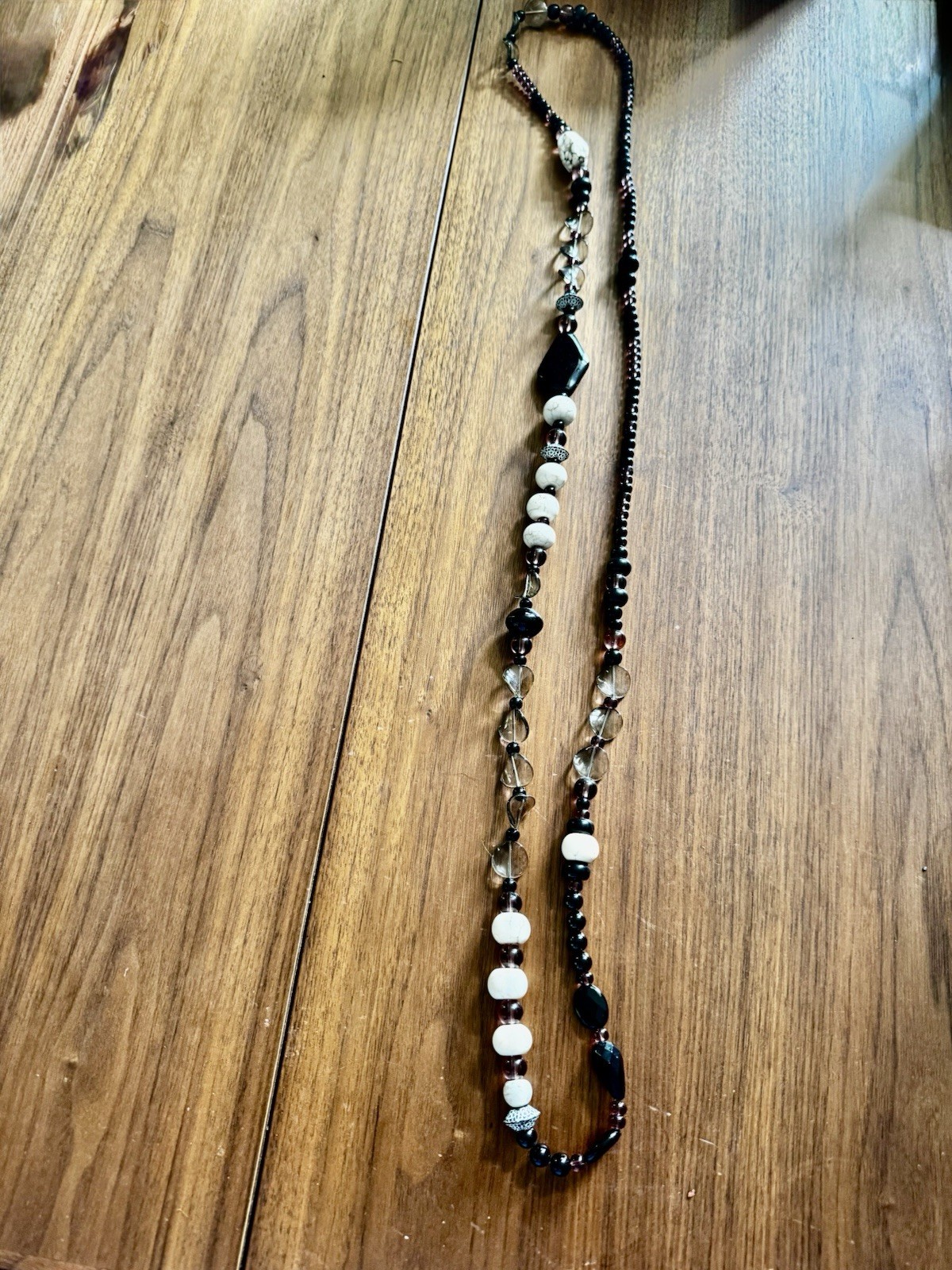 Beautiful Beaded Glass Necklace, Black White Purple Gray, Asymmetrical Charm