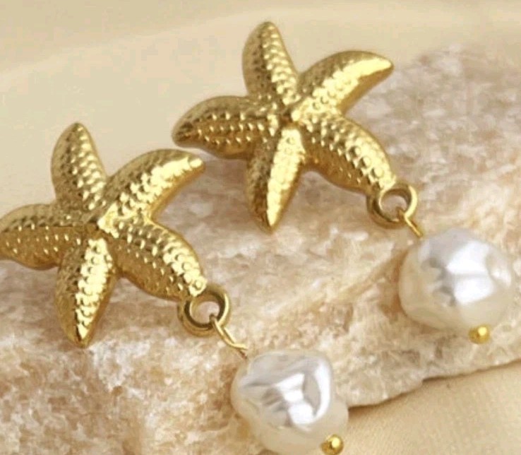 Gold Tone Starfish Stud Dangle Earrings Simulated White Pearl Drop, Steel
