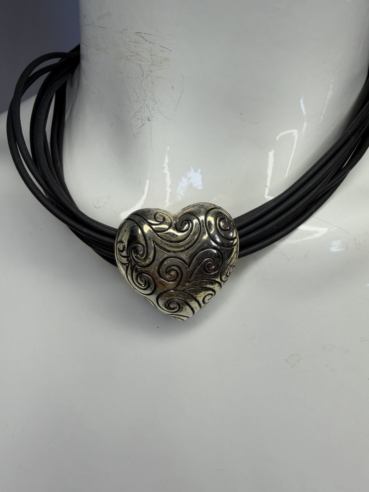 Black Rubber Cord Choker Necklace Silver Tone Heart Charm Pendant Adjustable 16″