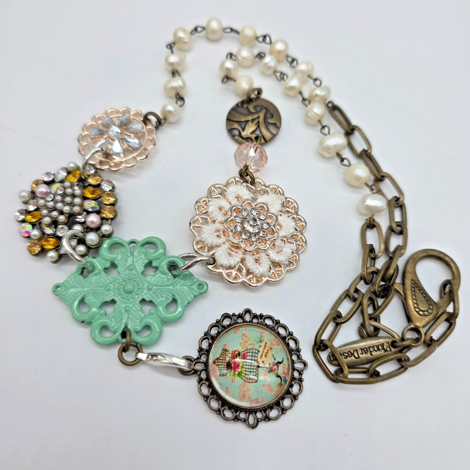 Plunder MARY Antique Bronze Pearl Crystal Flower Dress Mannequin Necklace 20”