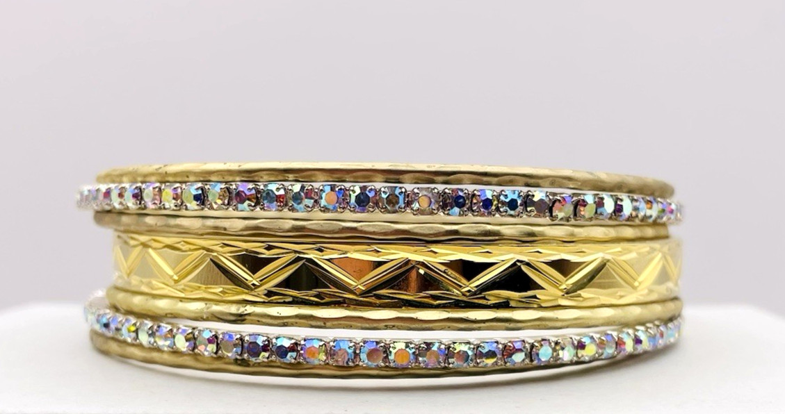 Gold And Silver Tone 7 Stackable Bangle Bracelets AB Rhinestones Engraved