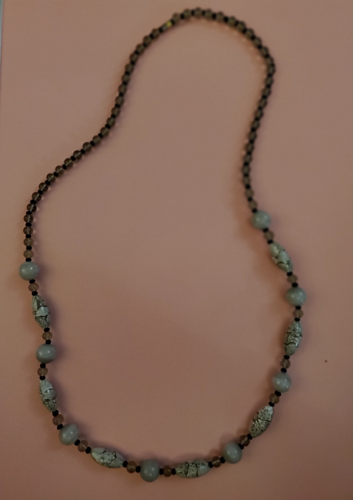 Handmade 23.5 in Glass Stone Beaded Necklace-gray/blue/clear- twist clasp VTG