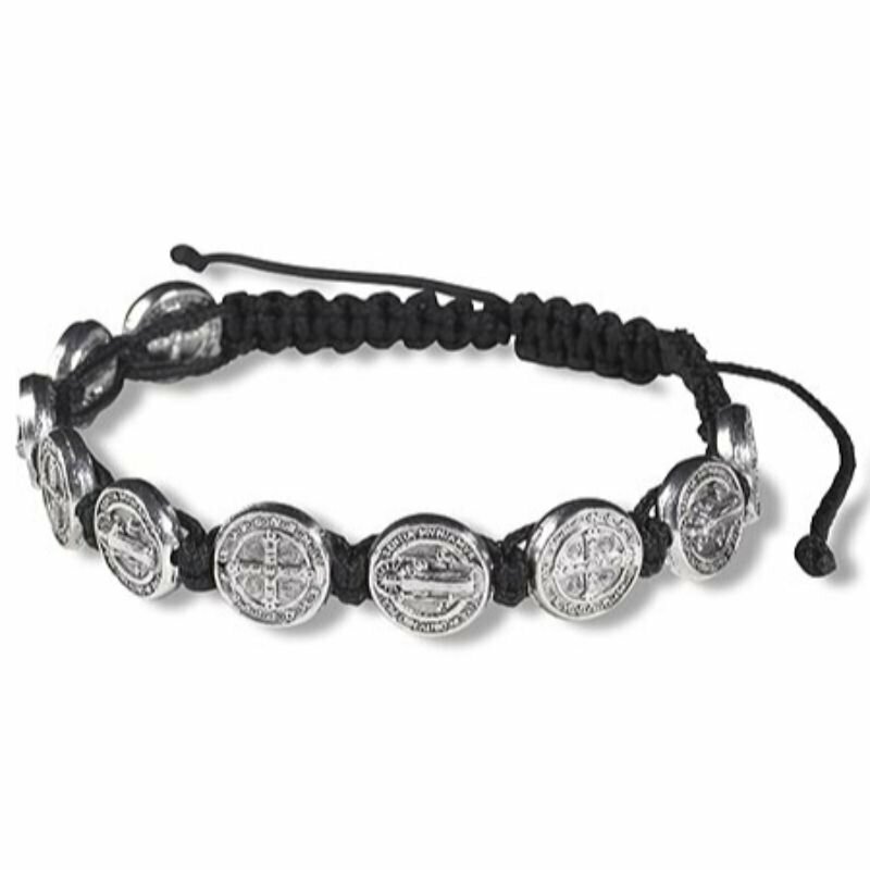 St. Benedict Adjustable Cord Bracelet with 10 Metal Disks. Wrists 6.5″ – 8″