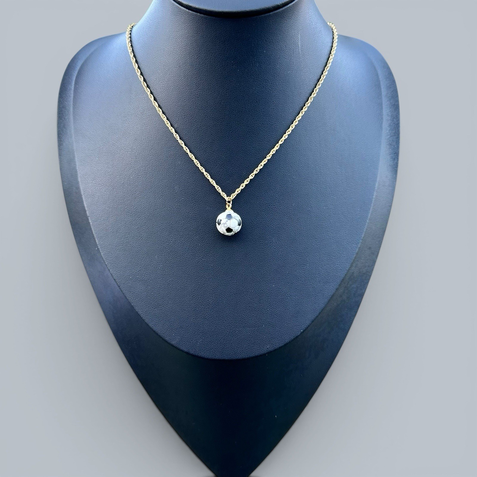 Soccer Ball Necklace Stone Carved Gold Tone Chain World Cup Style Pendant 18”